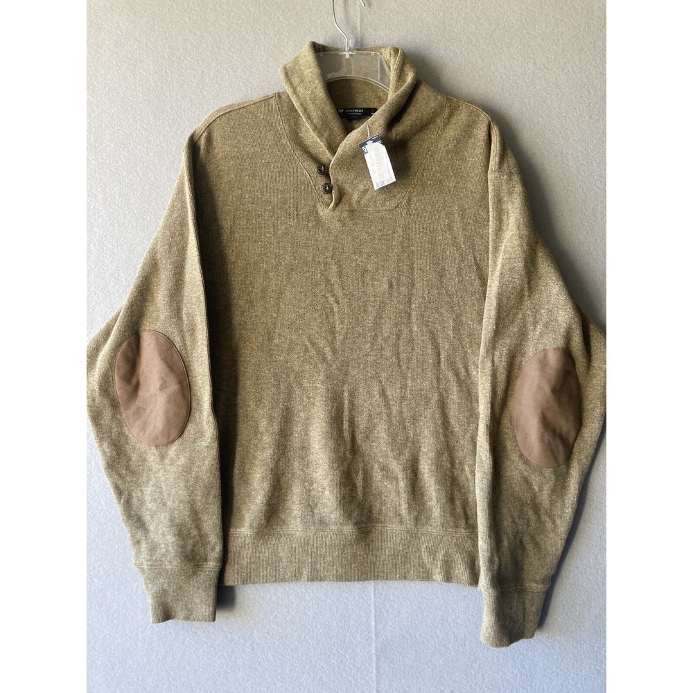 Cremieux Collection Men's Sweater M Med Beige Toggle Elbow Patch Wrap Neck 2427